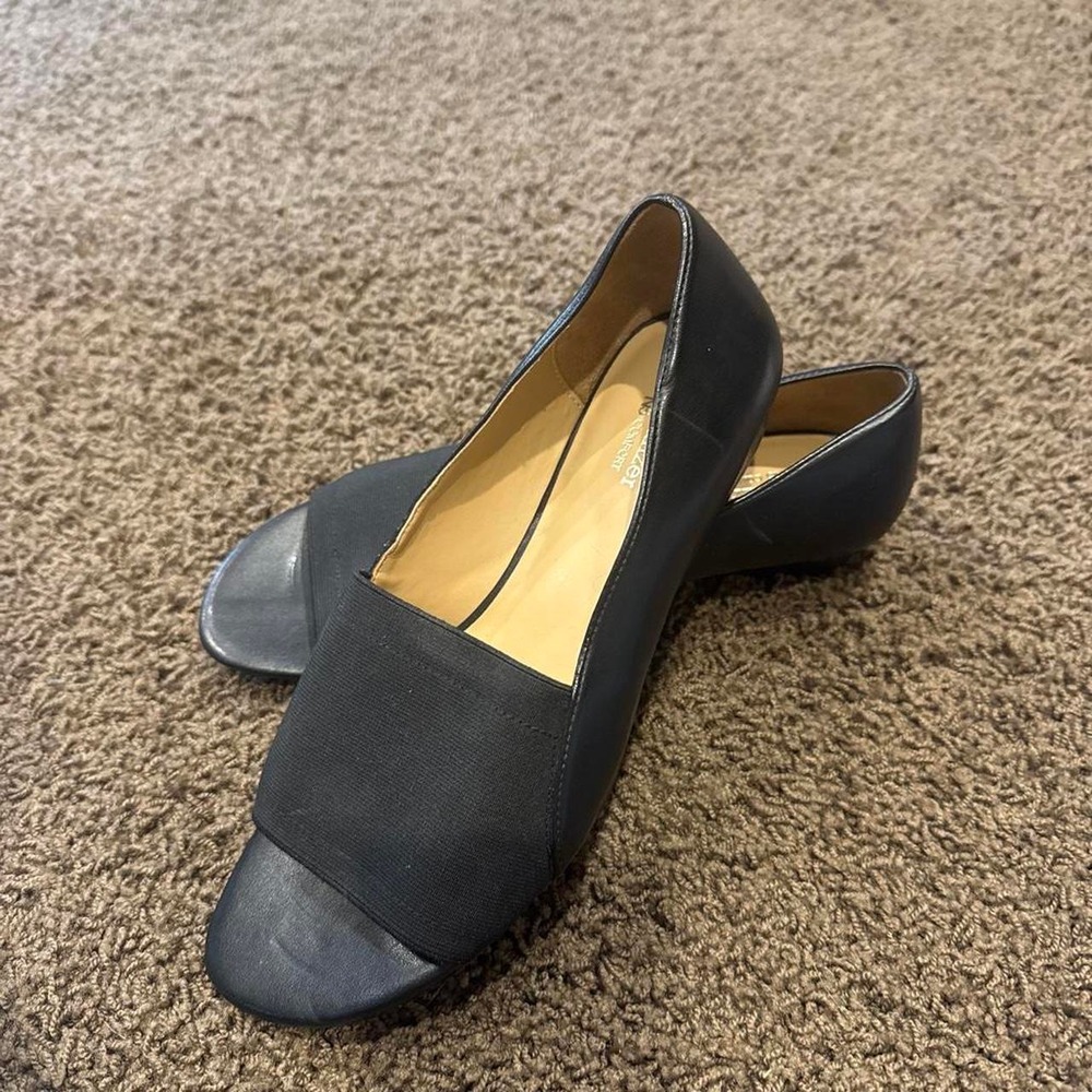 Naturalizer N5 Comfort Navy Blue Leather Peep Toe Elastic Band Flats Low Wedge